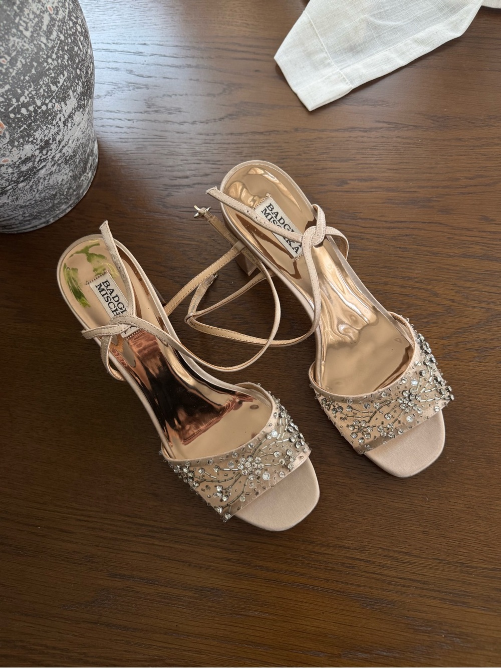 Badgley Mischka Champagne Embellished Strappy Heels